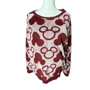 Mickey Mouse Sweater Red Burgundy Scoop Neck Magic Kingdom Cream Sweatshirt XL